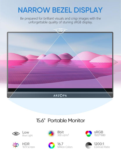 Ultra-Slim Portable Laptop Monitor with Kickstand - IPS Display for PC, MAC, Phone, Xbox, PS5 - USB C & HDMI Connectivity - A1 FHD 1080P